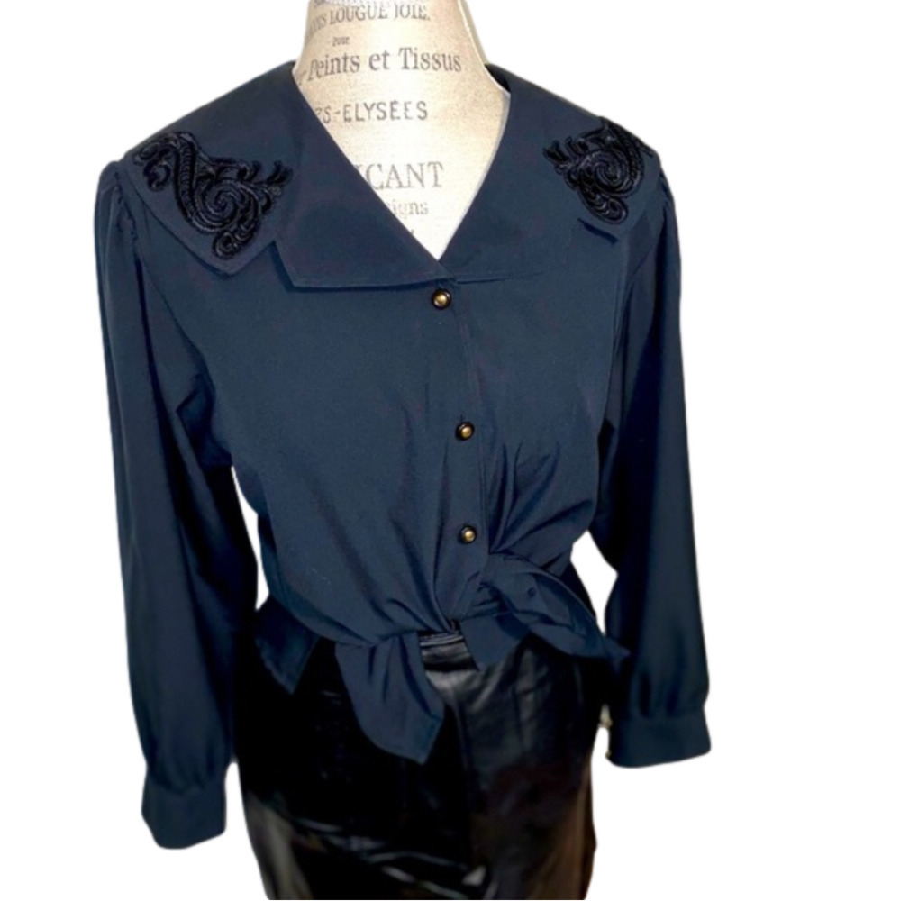 2/$30 Vtg Fred David Embroidered Collar Button Down w Shoulder Pads Sz 10